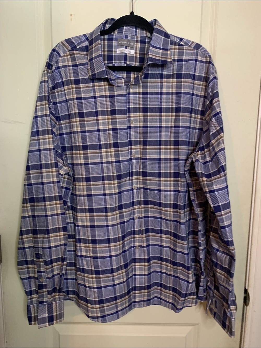 Michael Kors Men's Blue and Beige Plaid Dress Shirt 18.5 2XL